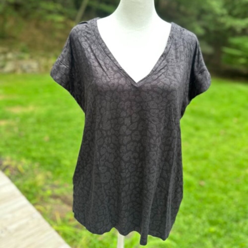 White House Black Market Black Animal Print V-Neck Top